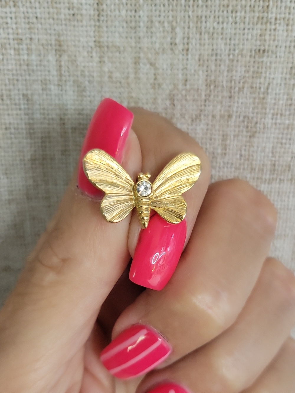 Vintage Gold Textured Butterfly Pin Brooch Clear Crystal